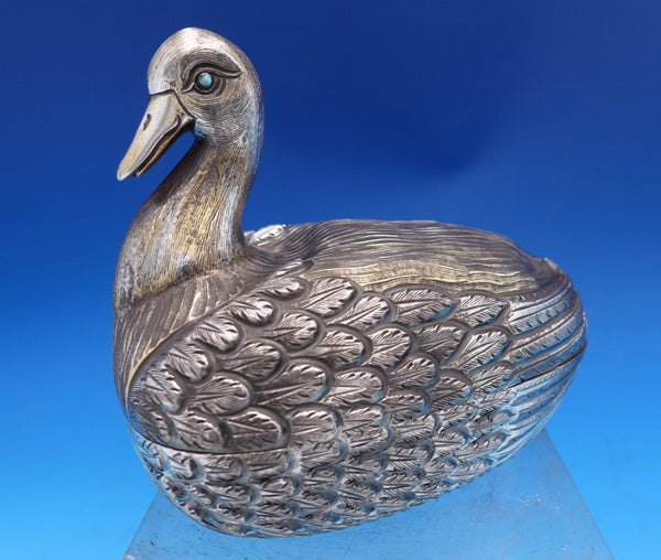 Tane Mexican Sterling Silver Candy Dish Covered Duck Shape Turquoise Eyes #8469