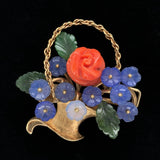 14k Gold Carved Coral and Chalcedony Flower and Jade Leaf Basket Pin (#J6237)