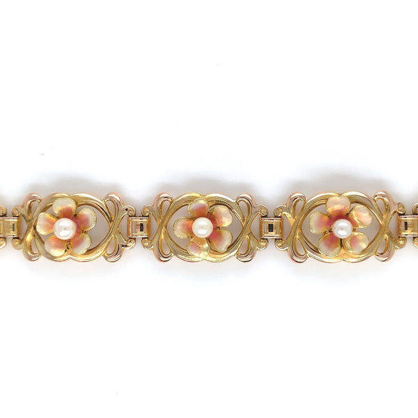14k Yellow Gold Art Nouveau Enamel Flower Pearl Bracelet Jewelry (#J6091)