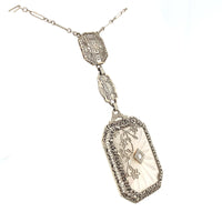 14k White Gold Genuine Natural Rock Crystal Quartz Deco Filigree Necklace #J6173