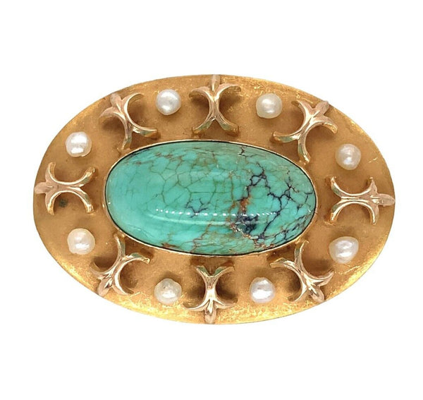 10k Yellow Gold Turquoise Pin with Seed Pearls Jewelry 1 1/8" x 3/4" (#J6886)
