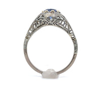 18k White Gold Filigree Ring with 1 Carat Blue Genuine Natural Sapphire (#J6461)