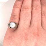 18k White Gold Art Deco 8mm Pearl Filigree Ring (#J5450)