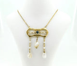 Art Nouveau 10k Yellow Gold Pearl Festoon Necklace w/Lab-Created Sapphire #J4381
