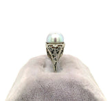 18k White Gold Art Deco 8mm Pearl Filigree Ring (#J5450)