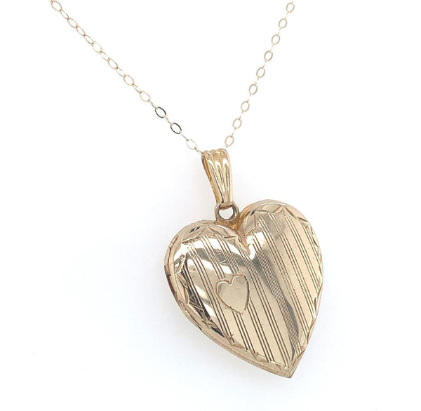 14k Yellow Gold Heart Locket Pendant with Engraved Stripes Jewelry (#J6231)