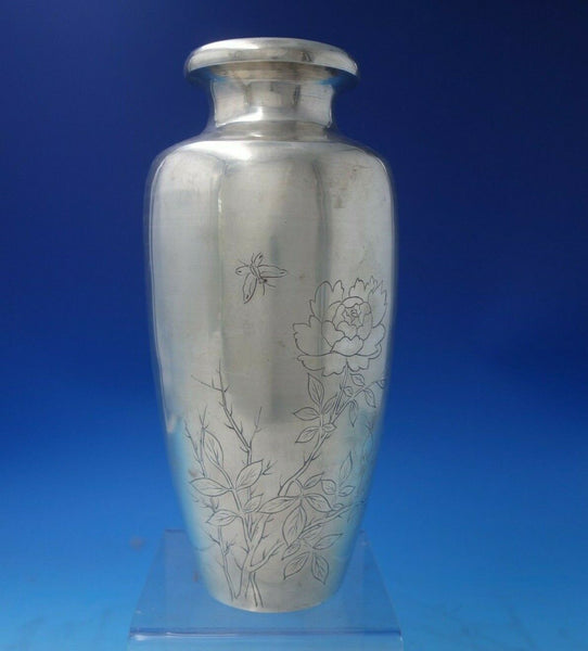 Japanese .950 Silver Vase Bright-Cut with Chrysanthemum Butterfly (#5708)