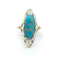 14k Gold Arts and Crafts Genuine Natural Turquoise Ring Applied Leaves (#J5214)