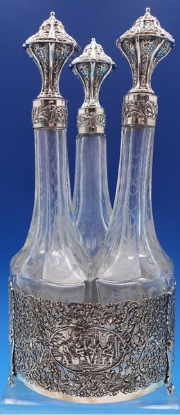 830 Silver Liquor Set 3-pc silver tops and hand engraved bottles Dutch #4344-2