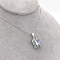 14k White Gold Rainbow Genuine Natural Moonstone Teal Sapphire Pendant (#J6260)