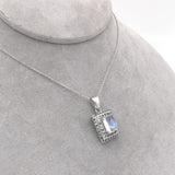 14k White Gold Rainbow Genuine Natural Moonstone Teal Sapphire Pendant (#J6260)