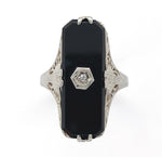14k White Gold Genuine Natural Onyx Filigree Ring w/ Diamond Size 6.75 (#J6209)