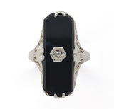 14k White Gold Genuine Natural Onyx Filigree Ring w/ Diamond Size 6.75 (#J6209)