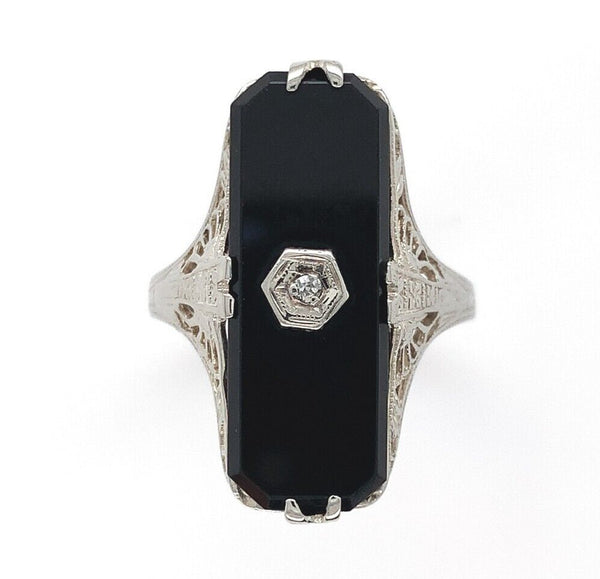 14k White Gold Genuine Natural Onyx Filigree Ring w/ Diamond Size 6.75 (#J6209)