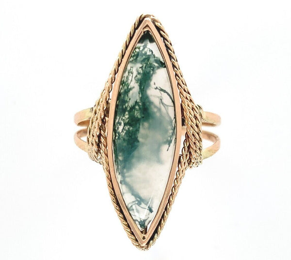 10k Yellow Gold Handwrought Genuine Natural Moss Agate Ring Size 5 (#J6580)