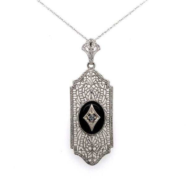 10k White Gold Filigree Genuine Natural Black Onyx Pendant Jewelry (#J5626)