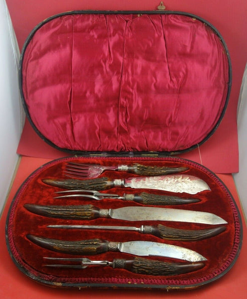 Irish Gibson & Co Antler Handle Carving Set 7-pc Original Box Vintage Belfast