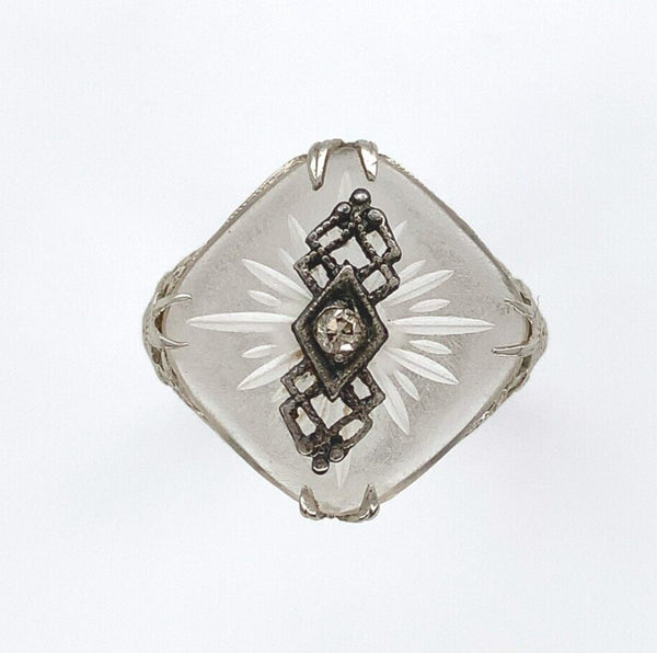 14k White Gold Filigree Genuine Natural Rock Crystal Diamond Ring (#J6207)