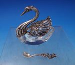 German Glass Sterling Salt Dip Swan Shape Moveable Wings Divided w/Spoon (#7215)