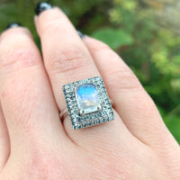 14k White Gold Rainbow Genuine Natural Moonstone Teal Sapphire Ring (#J6261)
