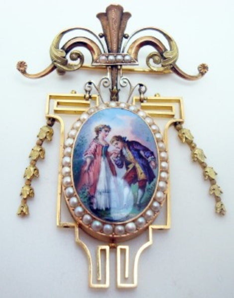 Victorian 18k Yellow Gold Enameled Portrait Pin Brooch Locket (#J325)