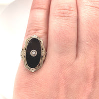 14k White Gold Genuine Natural Black Onyx Diamond Ring Scalloped Flowers #J6028