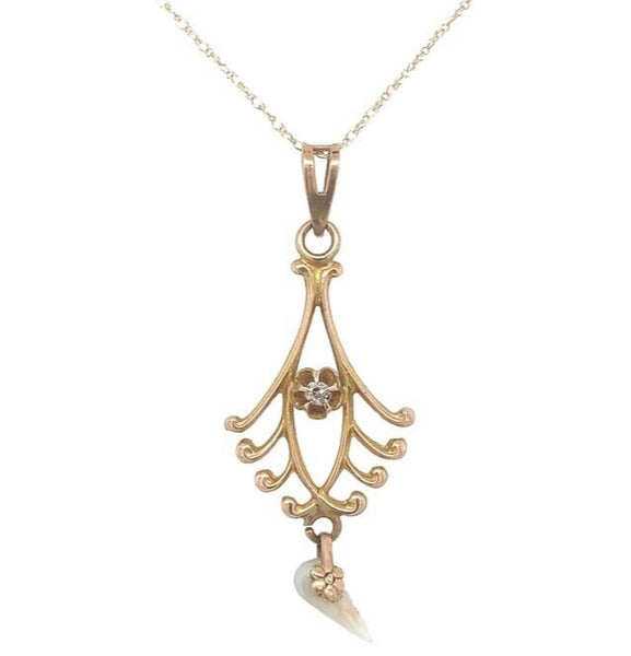 10k Gold Diamond Lavaliere Pendant with Pearl Drop and 14k Gold Chain (#J6677)