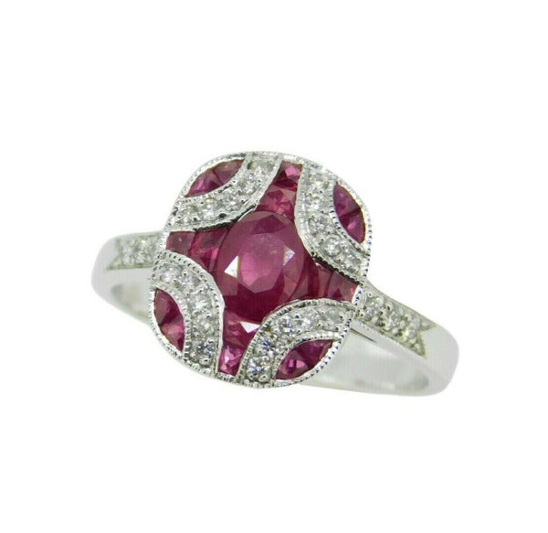 18k Gold Deco Style Specialty Cut Genuine Natural Ruby Ring w/ Diamonds (#J2355)
