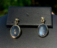 14k Yellow Gold Pair of Oval Genuine Natural Moonstone Drop Earrings (#J6710)