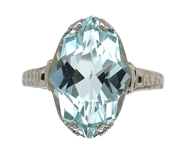 18k White Gold Filigree Ring w/Specialty Cut Genuine Natural Aquamarine (#J6611)