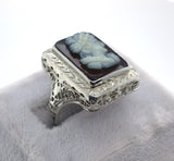 18k White Gold Filigree Genuine Natural Hard Stone Agate Cameo Ring (#J6215)