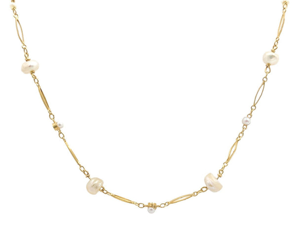 18k Gold Handwrought Antique Chain Necklace with Freshwater Pearls 24" (#J7227)