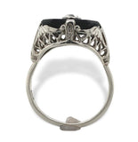 Art Deco 10k Gold Genuine Natural Black Onyx and Diamond Filigree Ring (#J7082)