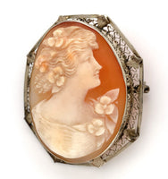 14k Yellow Gold Genuine Natural Shell Cameo Pin Filigree Applied Leaves (#J6244)