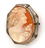 14k Yellow Gold Genuine Natural Shell Cameo Pin Filigree Applied Leaves (#J6244)