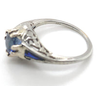 18k Gold Art Deco Filigree Blue Sapphire Ring w/Lab-Created Accent Stones #J6804