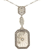 14k White Gold Genuine Natural Rock Crystal Quartz Deco Filigree Necklace #J6173
