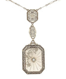14k White Gold Genuine Natural Rock Crystal Quartz Deco Filigree Necklace #J6173