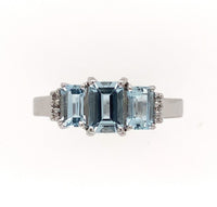 14k White Gold Three Stone Genuine Natural Aquamarine Ring with Diamonds (#J279)