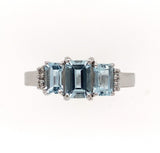 14k White Gold Three Stone Genuine Natural Aquamarine Ring with Diamonds (#J279)