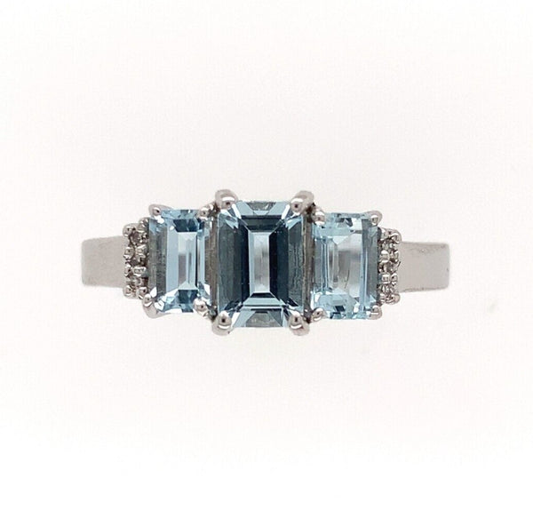 14k White Gold Three Stone Genuine Natural Aquamarine Ring with Diamonds (#J279)