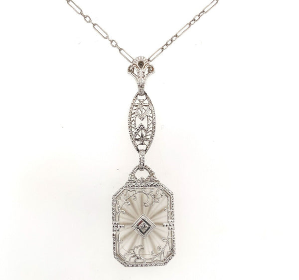 10k Gold Filigree Genuine Natural Rock Crystal Diamond Pendant Orig Chain #J6262