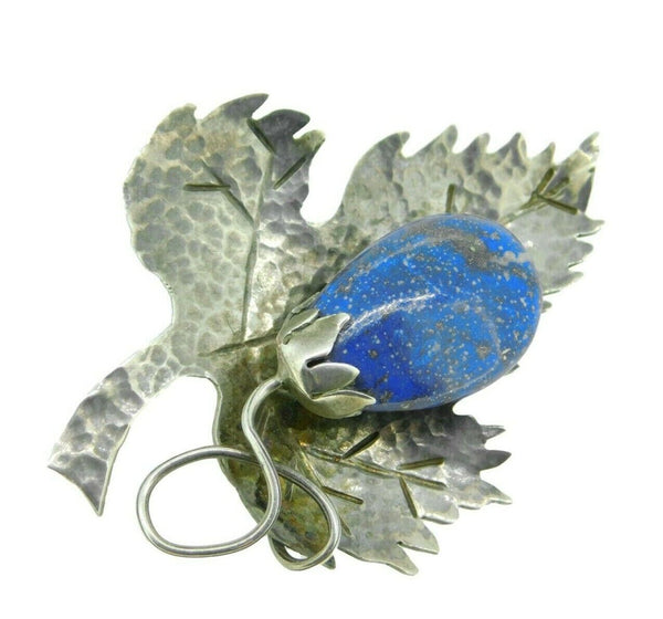 Arts and Crafts Hand Hammered Leaf Brooch with Genuine Natural Lapis (#J2444)