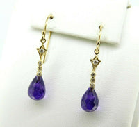 14k Yellow Gold Briolette Genuine Natural Amethyst and Diamond Earrings (#J4478)