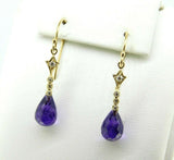 14k Yellow Gold Briolette Genuine Natural Amethyst and Diamond Earrings (#J4478)