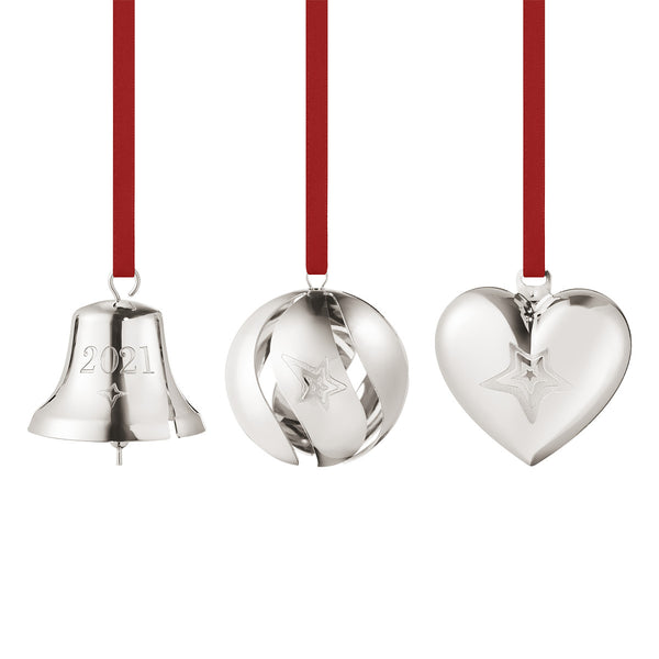 2021 Georg Jensen Christmas Holiday Ornament Set 3pc Bell, Ball Heart Silver NOS