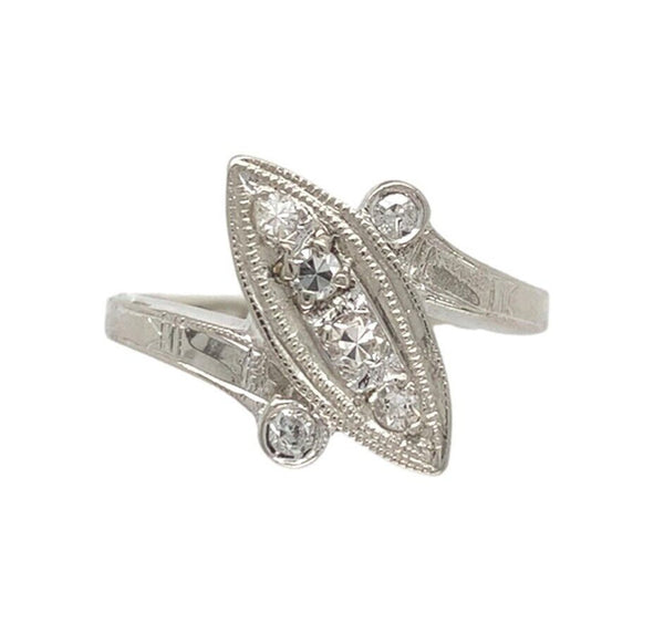 14k White Gold Vintage Genuine Natural Diamond Bypass Ring (#J7110)