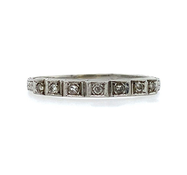 18k White Gold Wedding Band Ring w/Diamonds Engraved Dated 1932 Size 7.75 #J5907