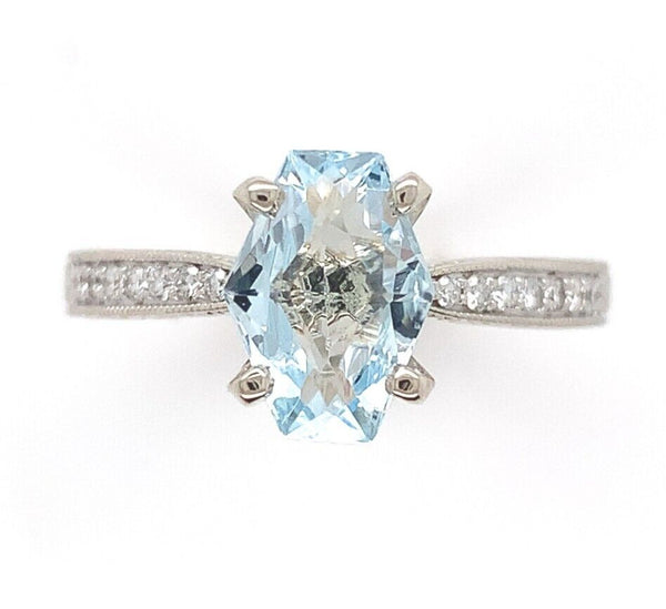 14k Gold Ring w/ Specialty Cut Genuine Natural Aquamarine Hand Engraved (#J6547)