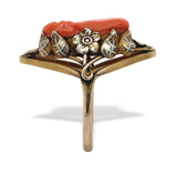 14k Gold Arts and Crafts Genuine Coral Cameo Ring Handwrought Flowers (#J7335)